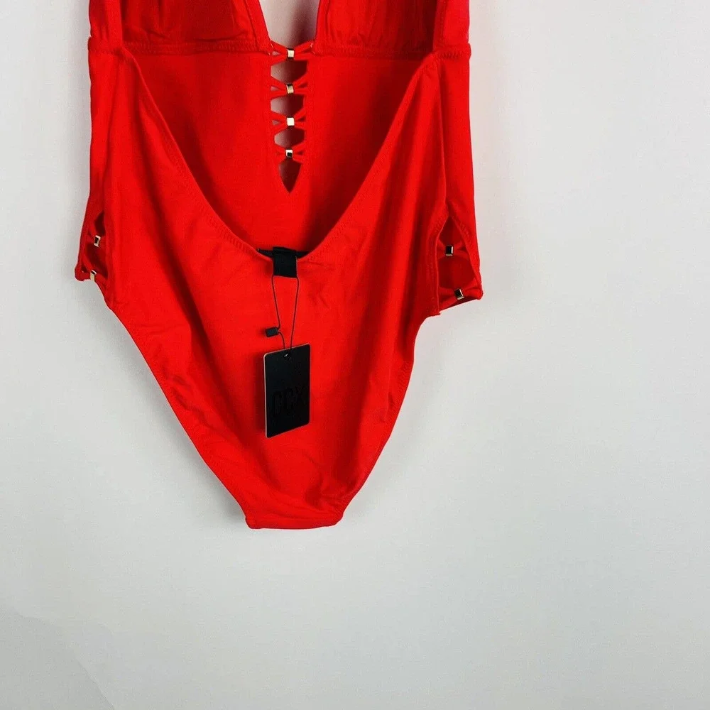 New City Chic Womans Swimsuit Sz 16 Tigerlilly Red Gidget One Piece High Leg NWT